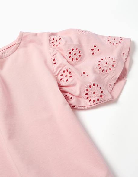 T-shirt en coton avec manches en broderie anglaise Beige clair+Rose clair 6 - vertbaudet enfant 