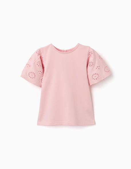 T-shirt en coton avec manches en broderie anglaise Beige clair+Rose clair 4 - vertbaudet enfant 