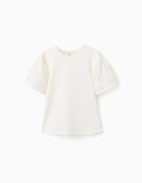 Fille-T-shirt en coton avec manches en broderie anglaise