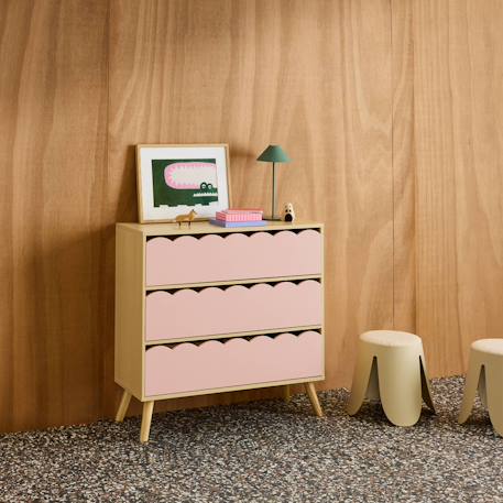 Commode enfant décor bois 3 tiroirs, pieds bois de pin - 80 x 30 x 79 cm - azur Naturel+Rose+Vert 11 - vertbaudet enfant 