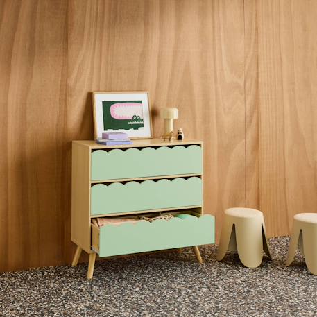 Commode enfant décor bois 3 tiroirs, pieds bois de pin - 80 x 30 x 79 cm - azur Naturel+Rose+Vert 17 - vertbaudet enfant 