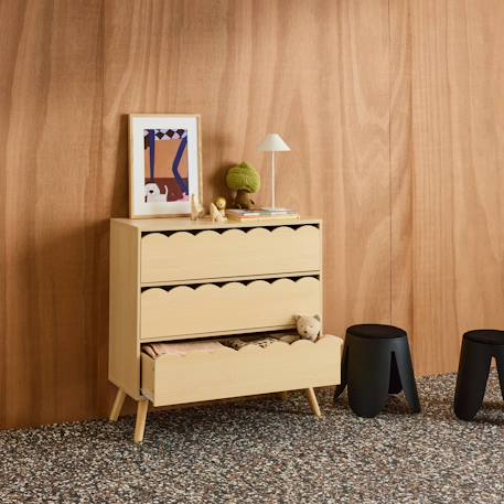 Commode enfant décor bois 3 tiroirs, pieds bois de pin - 80 x 30 x 79 cm - azur Naturel+Rose+Vert 5 - vertbaudet enfant 