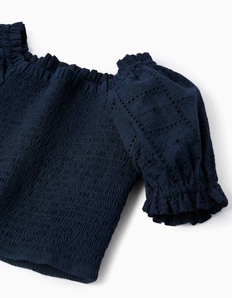 Blouse en coton avec élastique smocké et volants Bleu foncé 3 - vertbaudet enfant 