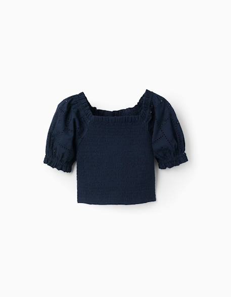 Blouse en coton avec élastique smocké et volants Bleu foncé 1 - vertbaudet enfant 