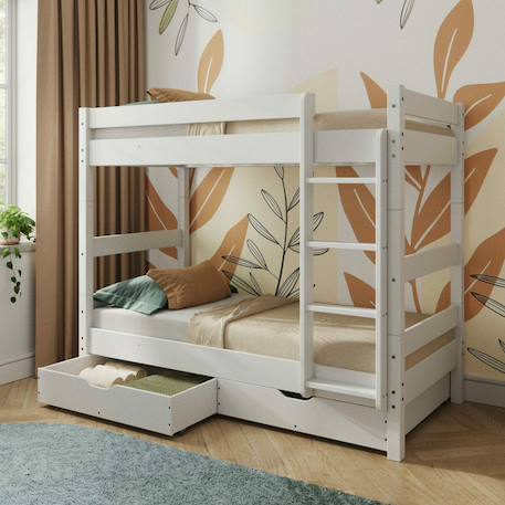 Pack lit superposé séparable avec tiroirs et 2 matelas bois massif aaron Blanc+Bois naturel 3 - vertbaudet enfant 