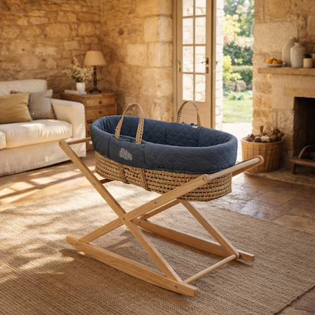 Couffin bébé en fibres naturelles et habillage tissu avec support en pin massif Beige/marron+Blanc/orange+Bleu+Rose+Rose imprimé+Vert tilleul 13 - vertbaudet enfant 
