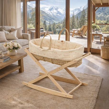 Couffin bébé en fibres naturelles et habillage tissu avec support en pin massif Beige/marron+Blanc/orange+Bleu+Rose+Rose imprimé+Vert tilleul 1 - vertbaudet enfant 