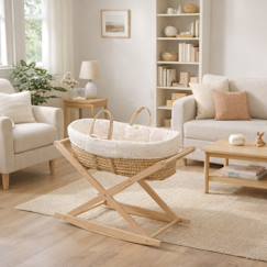 Puériculture-Lit de voyage et accessoires sommeil-Couffin bébé en fibres naturelles et habillage tissu avec support en pin massif
