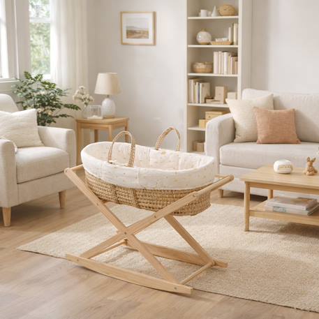 Couffin bébé en fibres naturelles et habillage tissu avec support en pin massif Beige/marron+Blanc/orange+Bleu+Rose+Rose imprimé+Vert tilleul 7 - vertbaudet enfant 