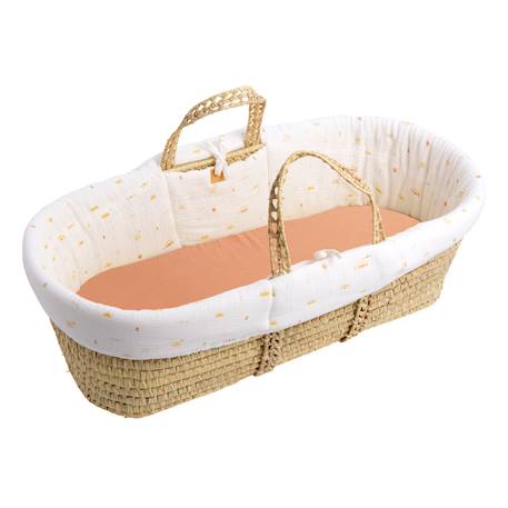 Couffin bébé en fibres naturelles et habillage tissu avec support en pin massif Beige/marron+Blanc/orange+Bleu+Rose+Rose imprimé+Vert tilleul 10 - vertbaudet enfant 