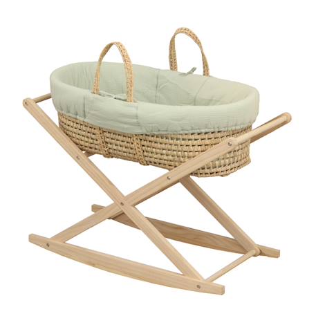 Couffin bébé en fibres naturelles et habillage tissu avec support en pin massif Beige/marron+Blanc/orange+Bleu+Rose+Rose imprimé+Vert tilleul 32 - vertbaudet enfant 