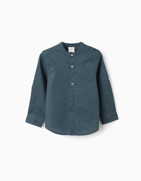 Chemise à manches longues en lin et coton avec col mao Blanc+Bleu clair+Bleu foncé+Jaune clair+Vert 9 - vertbaudet enfant 