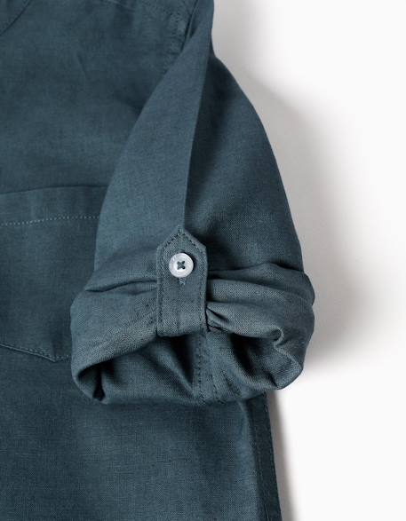 Chemise à manches longues en lin et coton avec col mao Blanc+Bleu clair+Bleu foncé+Jaune clair+Vert 12 - vertbaudet enfant 