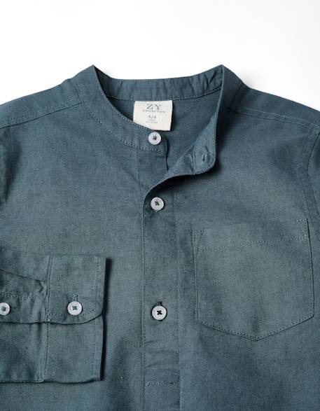 Chemise à manches longues en lin et coton avec col mao Blanc+Bleu clair+Bleu foncé+Jaune clair+Vert 11 - vertbaudet enfant 
