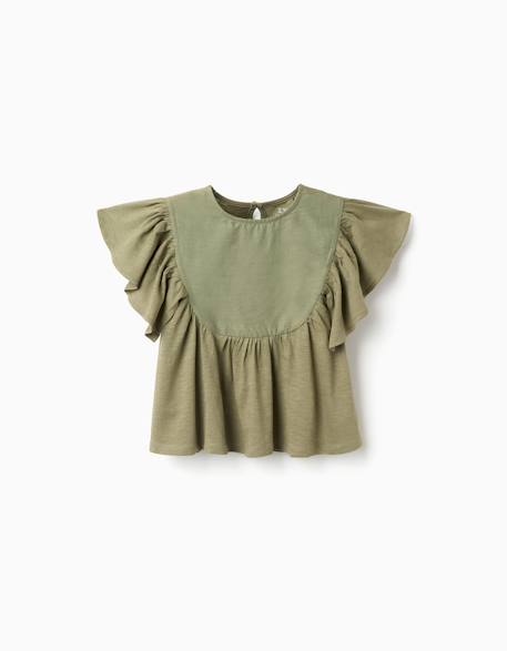 T-shirt en coton à manches volantées Beige clair+Vert foncé 4 - vertbaudet enfant 