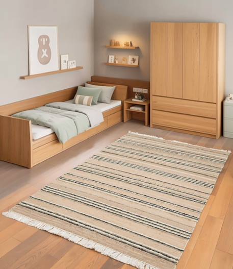 Tapis rayé fait main en laine et jute raj Beige sable+Rose poudrée 2 - vertbaudet enfant 