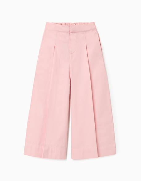 Pantalon en popeline à jambes larges et plis à l'avant Rose clair 1 - vertbaudet enfant 