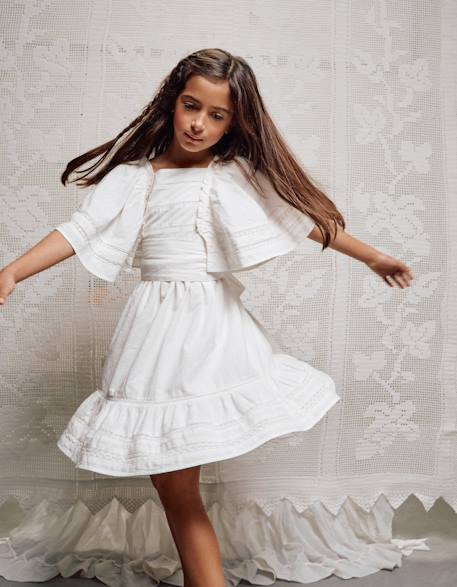 Robe en coton à manches cape et ceinture Blanc 2 - vertbaudet enfant 