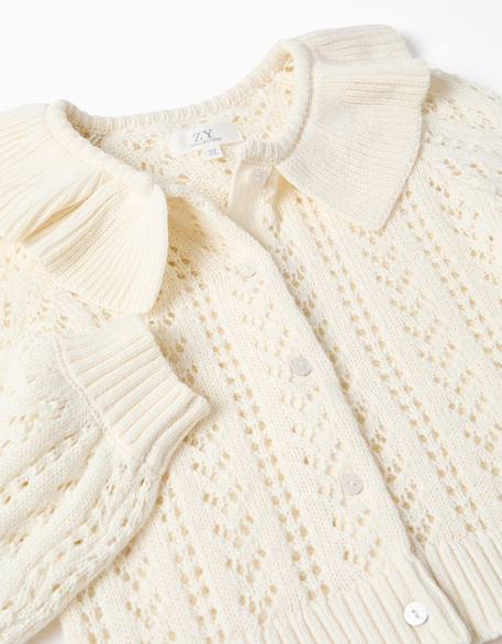 Cardigan en coton avec maille ajourée et volants Beige clair 3 - vertbaudet enfant 