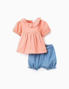 -Blouse en coton + short en jean à volants