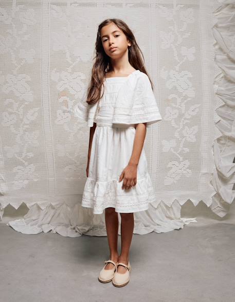 Fille-Robe en coton à manches cape et ceinture