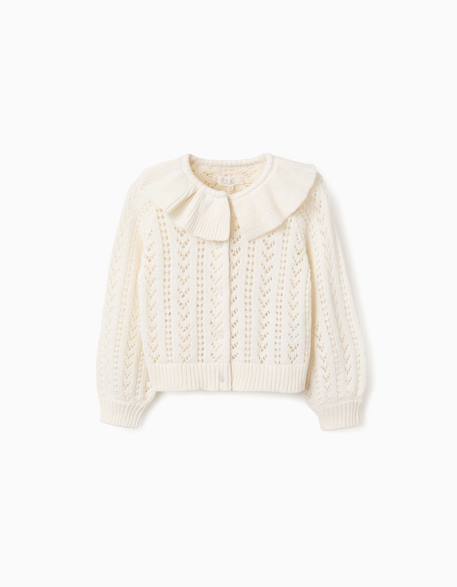 Fille-Cardigan en coton avec maille ajourée et volants