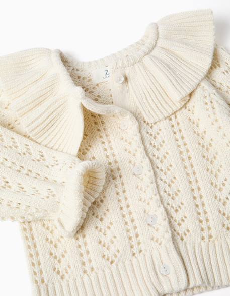 Cardigan en coton avec maille ajourée et volants Beige clair 3 - vertbaudet enfant 