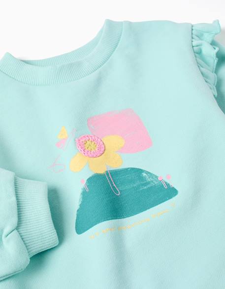 Sweat en coton avec imprimé floral et volants Bleu clair 3 - vertbaudet enfant 