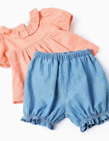 Blouse en coton + short en jean à volants Orange clair 4 - vertbaudet enfant 