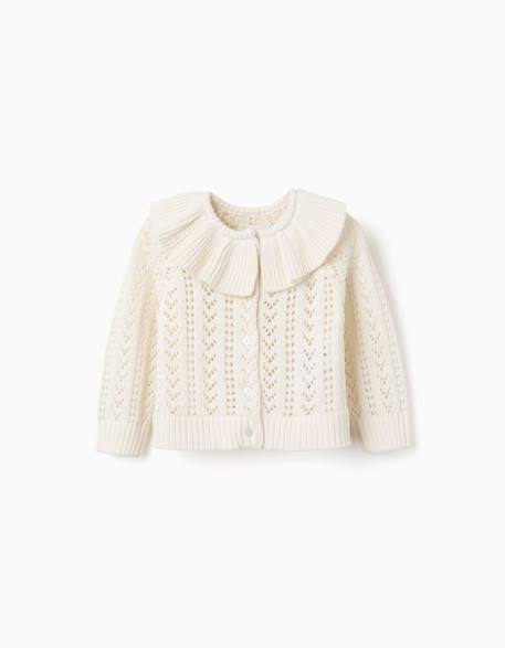 Cardigan en coton avec maille ajourée et volants Beige clair 1 - vertbaudet enfant 