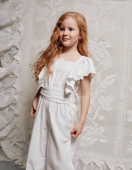 Combinaison en coton à manches volantées et ceinture Blanc 2 - vertbaudet enfant 