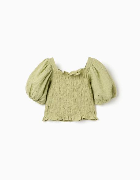 Blouse en coton avec broderie anglaise et manches ballon Vert clair 2 - vertbaudet enfant 