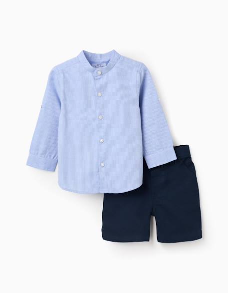 Ensemble chemise rayée à manches longues et short en coton Bleu 1 - vertbaudet enfant 
