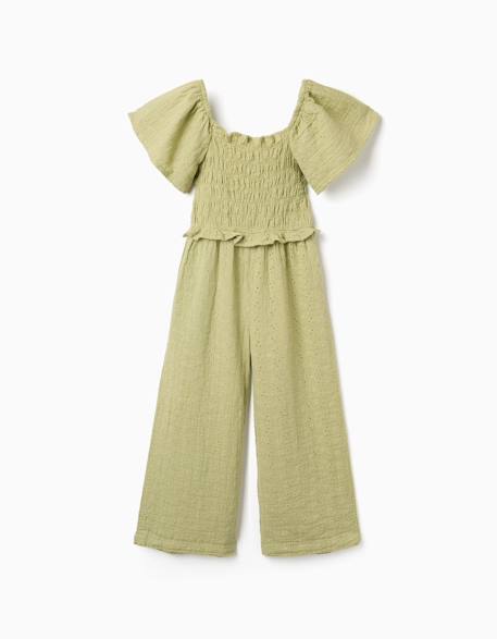 Combinaison en coton à jambe large et broderie anglaise Beige clair+Vert clair 5 - vertbaudet enfant 
