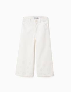 -Pantalon large en sergé avec broderie anglaise