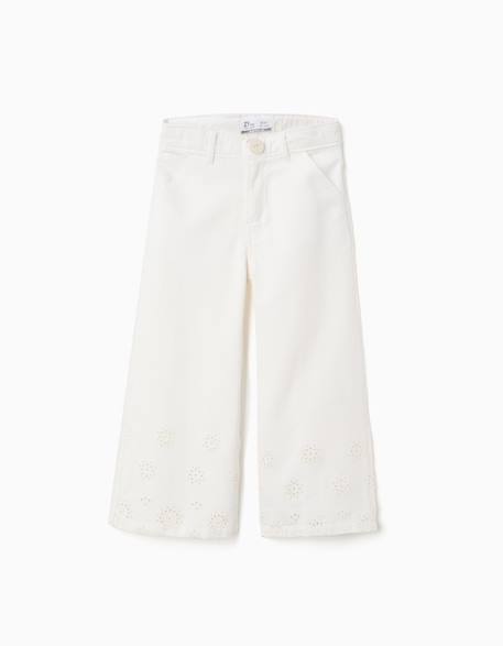 Fille-Pantalon large en sergé avec broderie anglaise