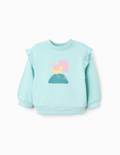 Sweat en coton avec imprimé floral et volants Bleu clair 1 - vertbaudet enfant 