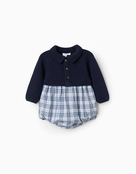 Combinaison bi-matière en coton et à carreaux b&s Bleu foncé 1 - vertbaudet enfant 