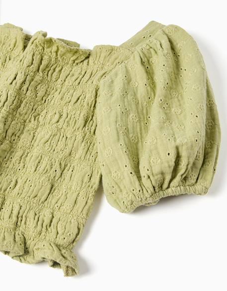 Blouse en coton avec broderie anglaise et manches ballon Vert clair 3 - vertbaudet enfant 