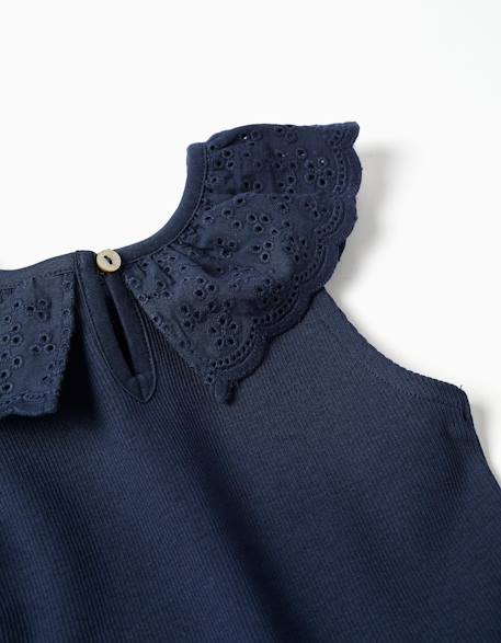 Top sans manches en coton avec col brodé Blanc+Bleu foncé 6 - vertbaudet enfant 