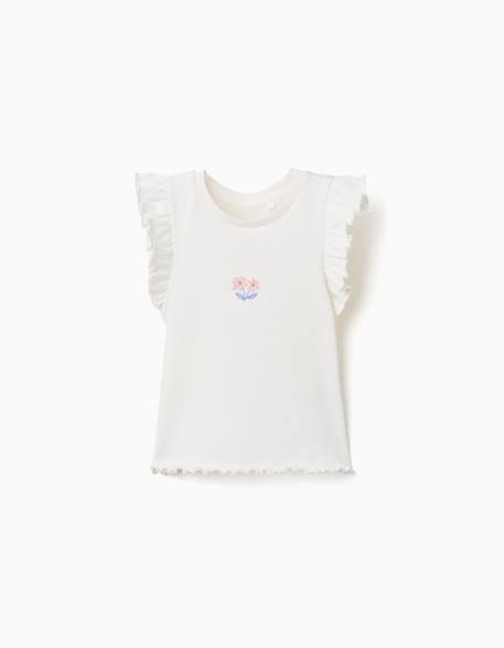 Fille-T-shirt en coton côtelé avec volants et fleurs