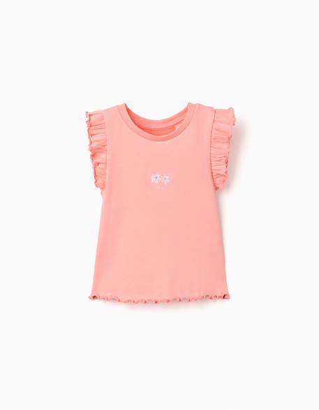 Fille-T-shirt en coton côtelé avec volants et fleurs