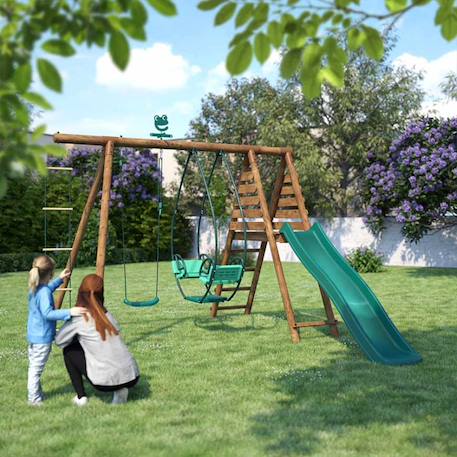 Portique en bois rond 3 agrès avec face à face, échelle et toboggan lavande Marron 2 - vertbaudet enfant 