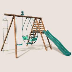 Portique en bois rond 3 agrès avec face à face, échelle et toboggan lavande  - vertbaudet enfant