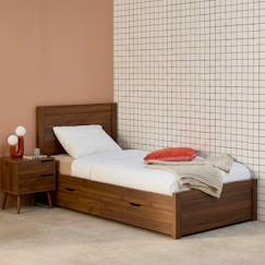 Chambre et rangement-Lit avec sommier à lattes et tête de lit  + 4 tiroirs décor bois - nepal