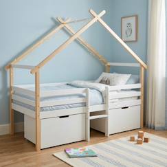 Chambre et rangement-Lit cabane enfant 90 x 190 cm bois de pin blanc sommier à lattes inclus et 2 tiroirs - sienna