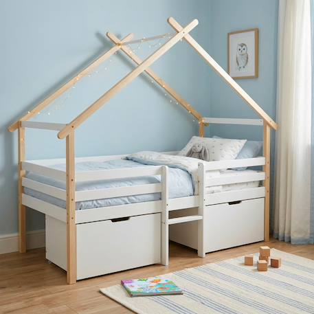 Lit cabane enfant 90 x 190 cm bois de pin blanc sommier à lattes inclus et 2 tiroirs - sienna Blanc 1 - vertbaudet enfant 