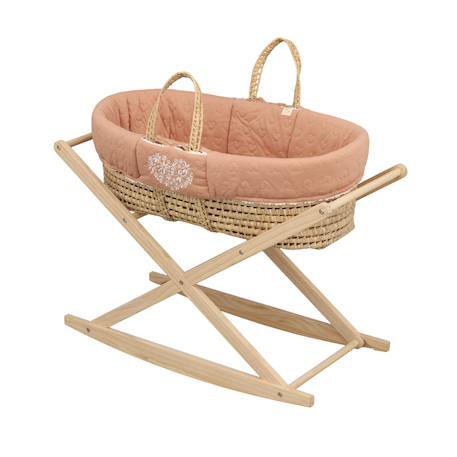 Couffin bébé en fibres naturelles et habillage tissu avec support en pin massif Beige/marron+Blanc/orange+Bleu+Rose+Rose imprimé+Vert tilleul 26 - vertbaudet enfant 