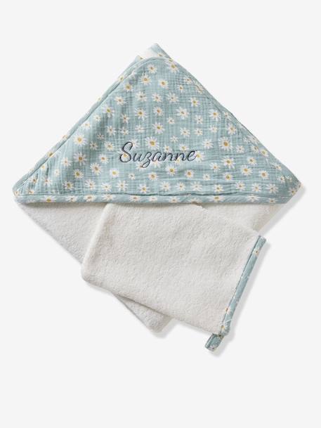 Cape de bain personnalisable et gant de toilette MARGUERITE bleu imprimé 3 - vertbaudet enfant 