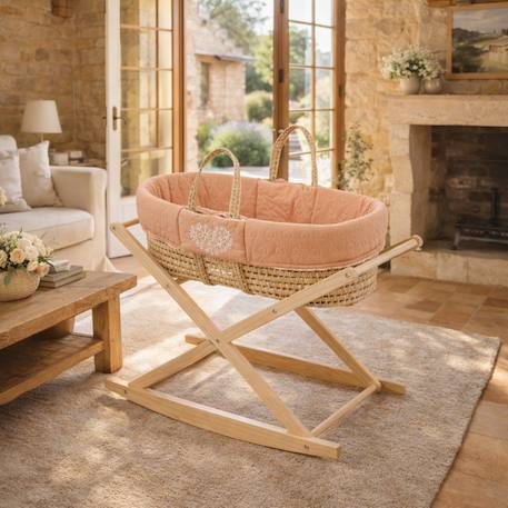 Couffin bébé en fibres naturelles et habillage tissu avec support en pin massif Beige/marron+Blanc/orange+Bleu+Rose+Rose imprimé+Vert tilleul 25 - vertbaudet enfant 